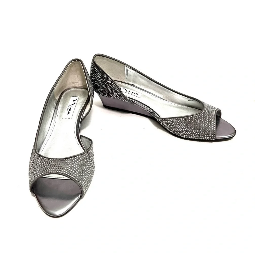 Vintage Y2K gray satin rhinestone d’Orsay wedge heels